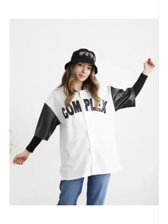 Kadın Complex Kolları Deri Kolej Oversize T-shirt - Beyaz