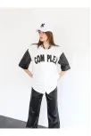 Kadın Complex Kolları Deri Kolej Oversize T-shirt - Beyaz