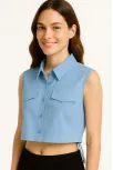 Kadın Crop Poplin Gömlek Yalancı Cepli, Ayarlanabilir Yan Kordonlu, - Bebe Mavisi