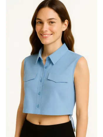 Kadın Crop Poplin Gömlek Yalancı Cepli, Ayarlanabilir Yan Kordonlu, - Bebe Mavisi Kadın Crop Poplin Gömlek Yalancı Cepli, Ayarlanabilir Yan Kordonlu, - Bebe Mavisi