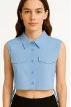 Kadın Crop Poplin Gömlek Yalancı Cepli, Ayarlanabilir Yan Kordonlu, - Bebe Mavisi