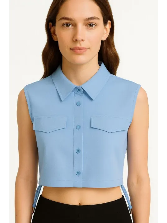 Kadın Crop Poplin Gömlek Yalancı Cepli, Ayarlanabilir Yan Kordonlu, - Bebe Mavisi Kadın Crop Poplin Gömlek Yalancı Cepli, Ayarlanabilir Yan Kordonlu, - Bebe Mavisi