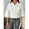 Z Krep Kadın Crop Yakalı Gömlek İlik Düğmeli Üç Çeyrek Sleeve Kol - Beyaz