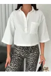 Z Krep Kadın Crop Yakalı Gömlek İlik Düğmeli Üç Çeyrek Sleeve Kol - Beyaz