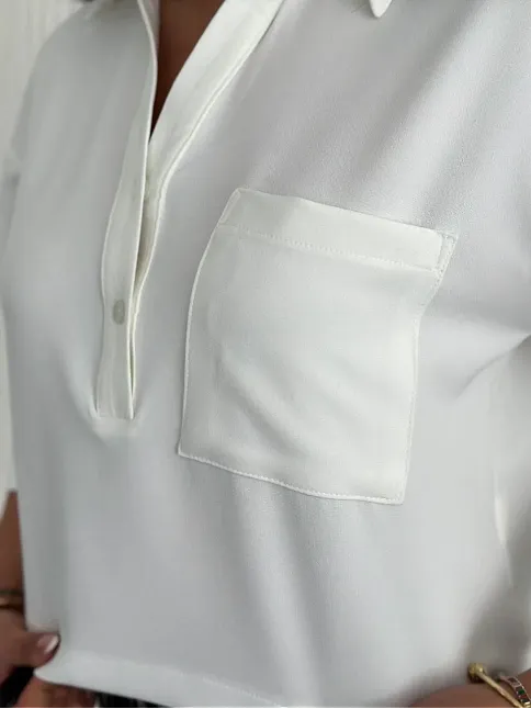 Z Krep Kadın Crop Yakalı Gömlek İlik Düğmeli Üç Çeyrek Sleeve Kol - Beyaz