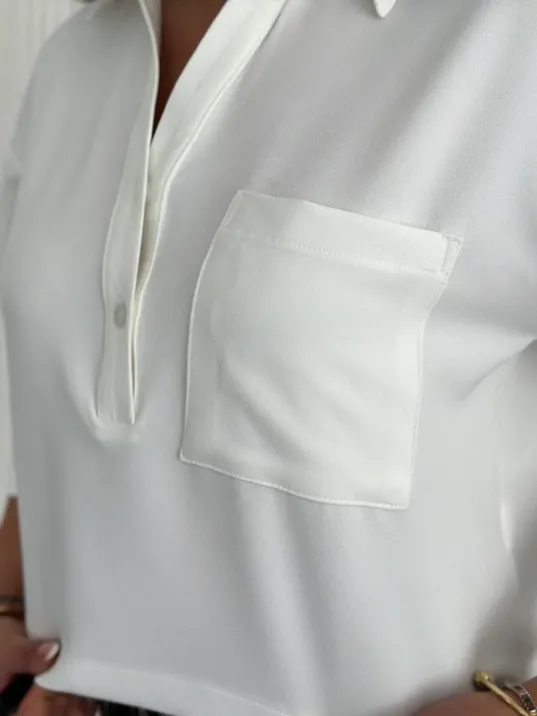 Z Krep Kadın Crop Yakalı Gömlek İlik Düğmeli Üç Çeyrek Sleeve Kol - Beyaz
