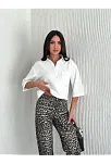 Z Krep Kadın Crop Yakalı Gömlek İlik Düğmeli Üç Çeyrek Sleeve Kol - Beyaz