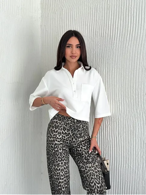Z Krep Kadın Crop Yakalı Gömlek İlik Düğmeli Üç Çeyrek Sleeve Kol - Beyaz