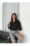 Z Krep Kadın Crop Yakalı Gömlek İlik Düğmeli Üç Çeyrek Sleeve Kol - Siyah