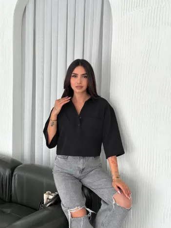 Z Krep Kadın Crop Yakalı Gömlek İlik Düğmeli Üç Çeyrek Sleeve Kol - Siyah Z Krep Kadın Crop Yakalı Gömlek İlik Düğmeli Üç Çeyrek Sleeve Kol - Siyah