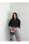 Z Krep Kadın Crop Yakalı Gömlek İlik Düğmeli Üç Çeyrek Sleeve Kol - Siyah