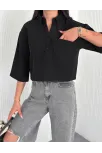 Z Krep Kadın Crop Yakalı Gömlek İlik Düğmeli Üç Çeyrek Sleeve Kol - Siyah