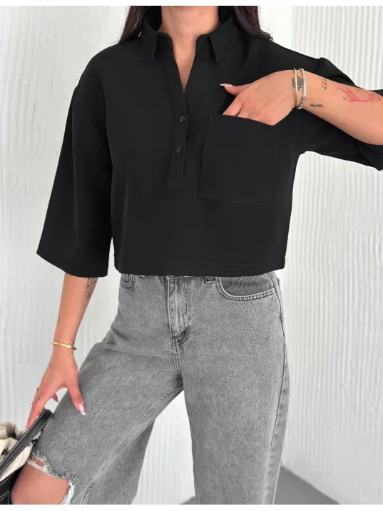 Z Krep Kadın Crop Yakalı Gömlek İlik Düğmeli Üç Çeyrek Sleeve Kol - Siyah Z Krep Kadın Crop Yakalı Gömlek İlik Düğmeli Üç Çeyrek Sleeve Kol - Siyah