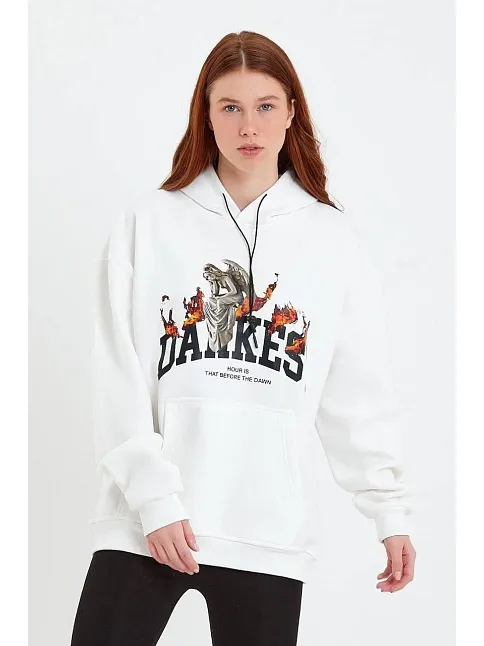 Kadın Dankes Baskılı Kapüşonlu Sweat - Beyaz