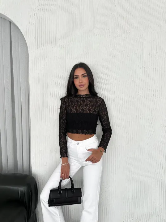 Kadın Dantel Uzun Kol Bluz- Siyah