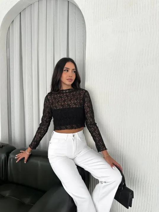 Kadın Dantel Uzun Kol Bluz- Siyah