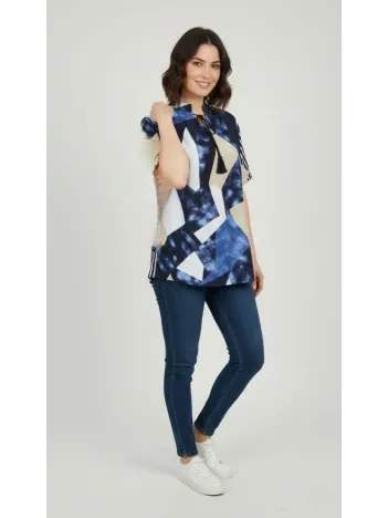 Kadın Desenli Püsküllü Viskon Bluz Bebe Yaka Kısa Kollu Big Size Rahat Kesim - Desenli