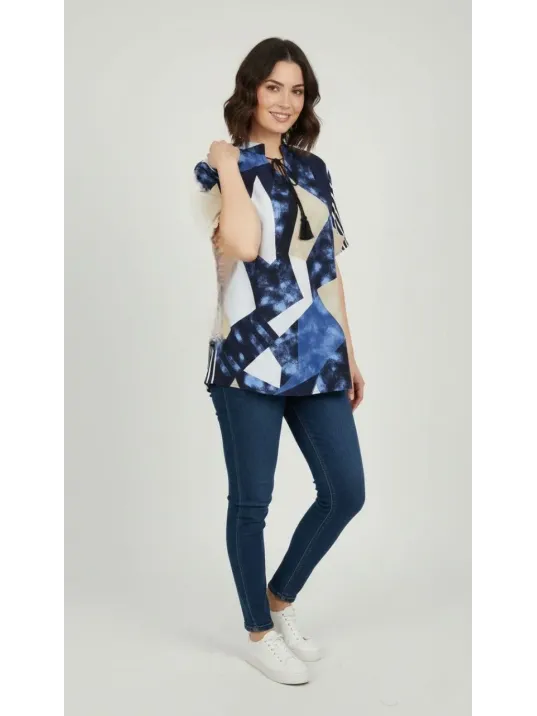Kadın Desenli Püsküllü Viskon Bluz Bebe Yaka Kısa Kollu Big Size Rahat Kesim - Desenli