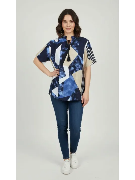 Kadın Desenli Püsküllü Viskon Bluz Bebe Yaka Kısa Kollu Big Size Rahat Kesim - Desenli
