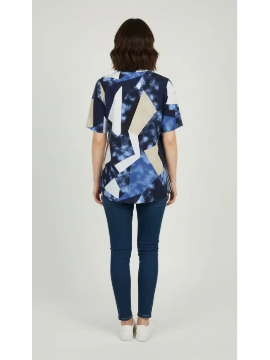 Kadın Desenli Püsküllü Viskon Bluz Bebe Yaka Kısa Kollu Big Size Rahat Kesim - Desenli