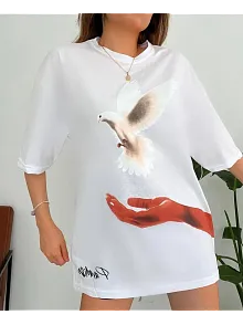 Kadın Dijital Baskılı T-shirt - Beyaz