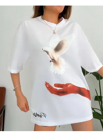 Kadın Dijital Baskılı T-shirt - Beyaz