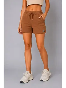 Kadın Dokuma Kumaş Cepli Bağcıklı Regular Fit Yazlık Şort - Kahverengi