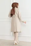 Kadın Kaşe Kaban – Uzun Boy Kruvaze Yaka, Kuşaklı Tesettür Kışlık Kaban, Astarlı Şık Yünlü Dokuma Oversize Rahat Kalıp, Cepli Modern Kaşe Mont Modeli - Bej