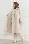 Kadın Kaşe Kaban – Uzun Boy Kruvaze Yaka Kuşaklı Tesettür Kaşe Kışlık Kaban, Astarlı Şık Yünlü Dokuma Oversize Rahat Kalıp Cepli Düğmeli Modern Kap Modeli - Bej