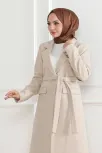 Kadın Kaşe Kaban – Uzun Boy Kruvaze Yaka, Kuşaklı Tesettür Kışlık Kaban, Astarlı Şık Yünlü Dokuma Oversize Rahat Kalıp, Cepli Modern Kaşe Mont Modeli - Bej