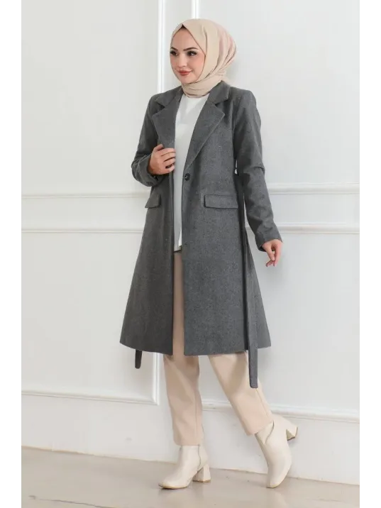 Kadın Düğmeli İçi Astarlı Kaşmir Kaşe Kaban - Bej