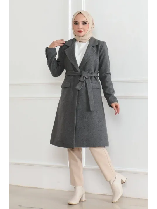 Kadın Düğmeli İçi Astarlı Kaşmir Kaşe Kaban - Bej