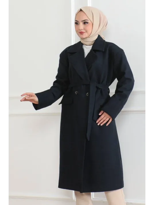 Kadın Kaşe Kaban – Uzun Boy Kruvaze Yaka Kuşaklı Tesettür Kaşe Kışlık Kaban, Astarlı Şık Yünlü Dokuma Oversize Rahat Kalıp Cepli Düğmeli Modern Kap Modeli - Lacivert
