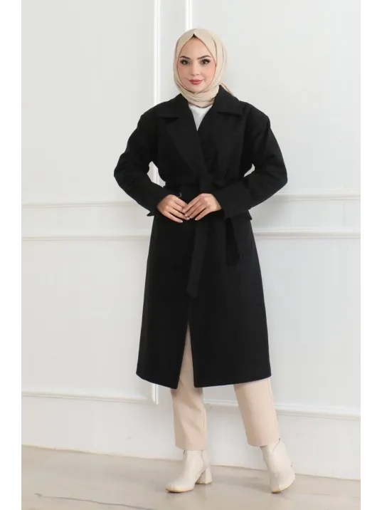 Kadın Kaşe Kaban – Uzun Boy Kruvaze Yaka, Kuşaklı Tesettür Kışlık Kaban, Astarlı Şık Yünlü Dokuma Oversize Rahat Kalıp, Cepli Modern Kaşe Mont Modeli - Siyah