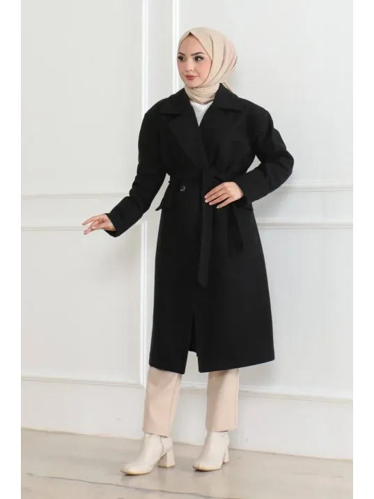 Kadın Kaşe Kaban – Uzun Boy Kruvaze Yaka, Kuşaklı Tesettür Kışlık Kaban, Astarlı Şık Yünlü Dokuma Oversize Rahat Kalıp, Cepli Modern Kaşe Mont Modeli - Siyah