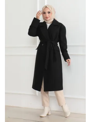 Kadın Kaşe Kaban – Uzun Boy Kruvaze Yaka, Kuşaklı Tesettür Kışlık Kaban, Astarlı Şık Yünlü Dokuma Oversize Rahat Kalıp, Cepli Modern Kaşe Mont Modeli - Siyah