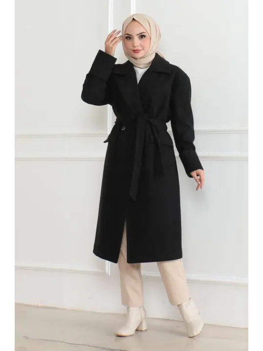Kadın Kaşe Kaban – Uzun Boy Kruvaze Yaka, Kuşaklı Tesettür Kışlık Kaban, Astarlı Şık Yünlü Dokuma Oversize Rahat Kalıp, Cepli Modern Kaşe Mont Modeli - Siyah