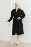Kadın Kaşe Kaban – Uzun Boy Kruvaze Yaka, Kuşaklı Tesettür Kışlık Kaban, Astarlı Şık Yünlü Dokuma Oversize Rahat Kalıp, Cepli Modern Kaşe Mont Modeli - Siyah