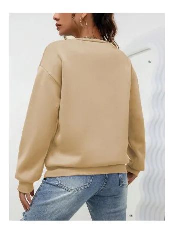 Kadın Düz Bisiklet Yaka Sweat - Bej