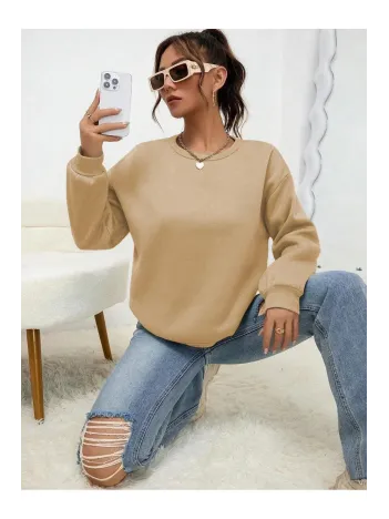 Kadın Düz Bisiklet Yaka Sweat - Bej