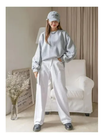 Kadın Düz Bisiklet Yaka Sweat - Gri Kadın Düz Bisiklet Yaka Sweat - Gri