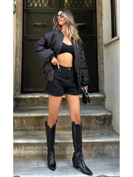 Kadın Oversize Bomber Ceket – Siyah, Fermuarlı, Sokak Modası Tarzı Mont - Siyah