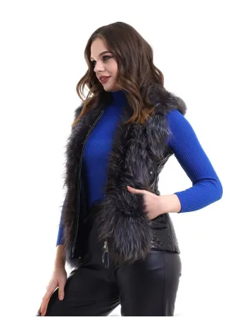 Kadın Fermuarlı Koyun Derisi Tilki Kürkü - Siyah Kadın Fermuarlı Koyun Derisi Tilki Kürkü - Siyah