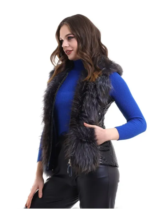 Kadın Fermuarlı Koyun Derisi Tilki Kürkü - Siyah Kadın Fermuarlı Koyun Derisi Tilki Kürkü - Siyah