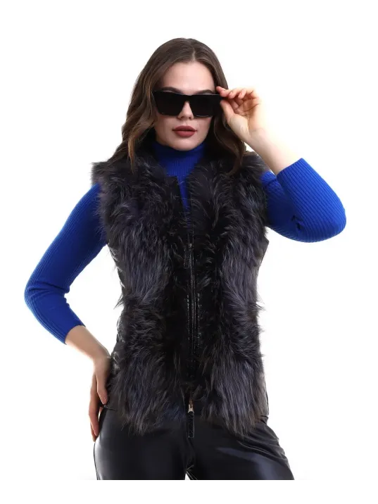 Kadın Fermuarlı Koyun Derisi Tilki Kürkü - Siyah Kadın Fermuarlı Koyun Derisi Tilki Kürkü - Siyah