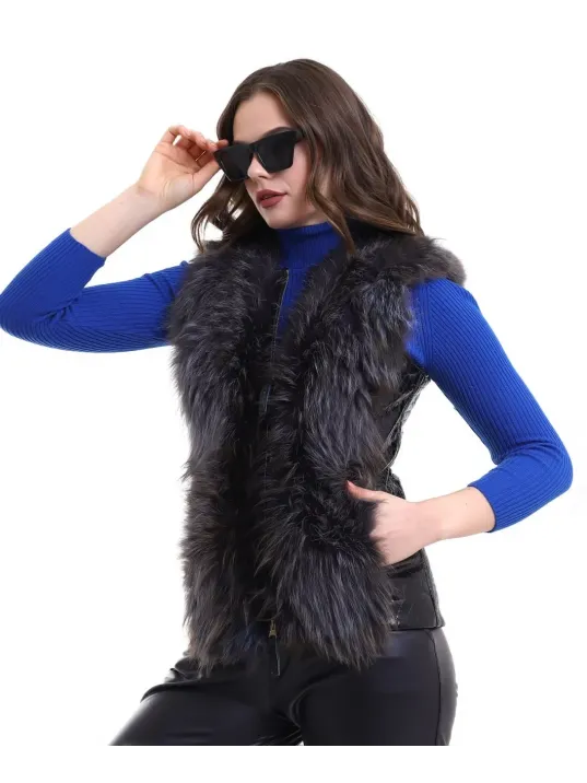 Kadın Fermuarlı Koyun Derisi Tilki Kürkü - Siyah Kadın Fermuarlı Koyun Derisi Tilki Kürkü - Siyah