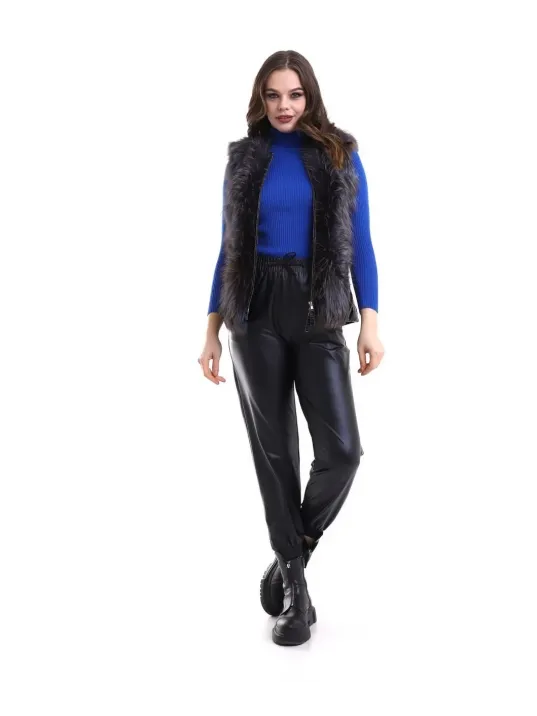Kadın Fermuarlı Koyun Derisi Tilki Kürkü - Siyah Kadın Fermuarlı Koyun Derisi Tilki Kürkü - Siyah