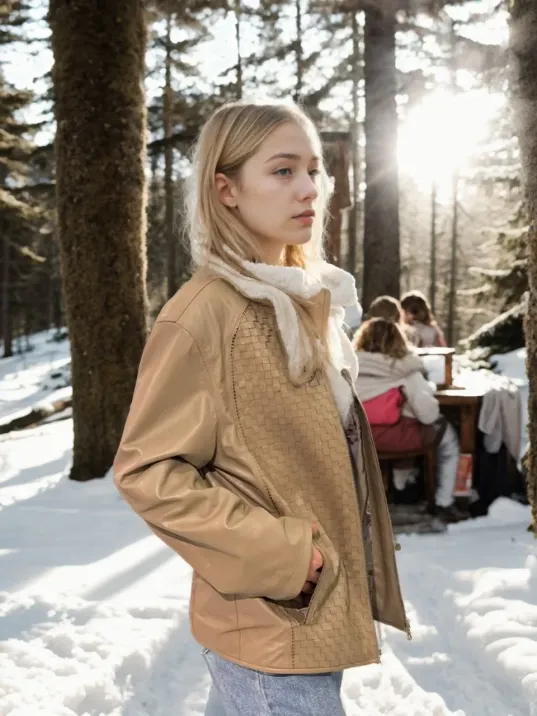 Kadın Fileli Deri Ceket - Krem Kadın Fileli Deri Ceket - Krem