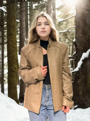 Kadın Fileli Deri Ceket - Krem Kadın Fileli Deri Ceket - Krem