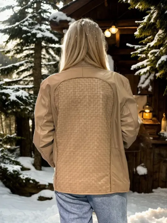 Kadın Fileli Deri Ceket - Krem Kadın Fileli Deri Ceket - Krem